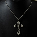Macro view of vintage silver gothic cross pendant with black enamel and hollow detail - Dark Vintage Hollow Black Enamel Cross (30728-nek-S-2)