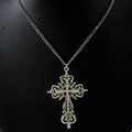 Macro shot of silver gothic hollow cross pendant with retro textured metal engraving - Exquisite Hollow Grain Texture Silver Cross (30728-nek-S-3)