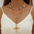 Close-up of layered necklace with vintage cross pendants and colorful gemstones - Palace Vintage 3-Layer Pearl Gem (30611-nek-G)