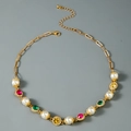 Detail of gold spliced necklace with white pearls, colored gemstones and lobster clasp - Gold Spliced Colorful Gem Pearl (30611-nek-G-1)