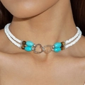 Detail of bohemian double-layer choker with white seed beads and turquoise heart charm - Double Layer Beaded Necklace (30379-nek-whi)