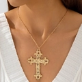 Detailed close-up of a large vintage hollow gold cross pendant worn by a model - Vintage Hollow Baroque Large Cross (30713-nek-G-4)