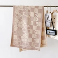 Detail of checkered floral scarf with soft fringes and flower spring text print - Khaki Pink