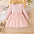 Pink knit top dress for girls with daisy embroidery and layered tulle skirt - Pink / 100cm