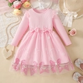 Pink long-sleeved girls princess dress with snowflake mesh skirt and bow accents - Pink / 100cm
