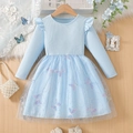 Abito bambina azzurro a maniche lunghe con gonna in tulle ricamata con farfalle - 100cm / Azzurro