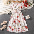 Detalle de vestido floral de verano para niña con mangas abullonadas y cinturón de lazo - 130cm(8Y) / Blanco