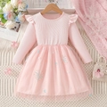 Abito tutu rosa a maniche lunghe per bambina con top in maglia e ricami floreali - 100cm / Rosa