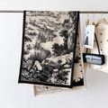 French Toile de Jouy beige scarf with black landscape print and fringe hanging on rack - 66*186cm / Black