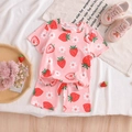 Pink cotton summer pajamas set for girls featuring cute strawberry and flower prints - Peach / 4Y