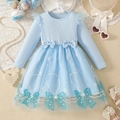Light blue long sleeve princess dress with mesh layers and glittery bow details - Light Blue / 100cm