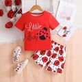 Girls summer outfit set with red Little Lady t-shirt and ladybug print shorts - Top And Bottom / Orange Red / 4Y