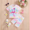 Completo estivo tie-dye per bambine con stampa fenicottero rosa e pantaloncini in cotone - 4Y / Multicolore