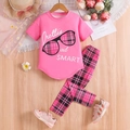 Completo estivo rosa per bambina con stampa 'Pretty and SMART' e pantaloni a quadretti - 4Y / Rosa Scuro