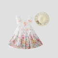 Abito estivo senza maniche da bambina con fiori e cappello di paglia abbinato - 100cm (3-4 anni) / Floreale (Con Cappello)