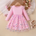 Pink long sleeve girls princess dress with colorful polka dots and tulle skirt - Pink / 90cm (1-2 Years)