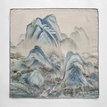 Silk and wool square scarf featuring traditional Chinese landscape painting and rolled edges - Medium / Beige Blue