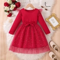 Abito rosso a maniche lunghe da bambina con gonna in tulle stellato e fiocco - 90cm (1-2 Anni) / Rosso