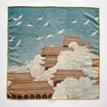 Elegant blue silk scarf with gold edges featuring traditional Chinese palace and crane prints - 62*62cm / Blue (ZY-6)