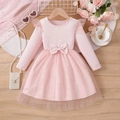 Abito rosa a maniche lunghe per bambina con gonna in tulle a stelle e fiocco in vita - 90cm (1-2 Anni) / Rosa