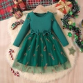 Vestido de Navidad para niña en verde oscuro con falda de tul y lazos decorativos - 90cm (1-2 Años) / Verde