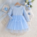 Abito bambina celeste a maniche lunghe con top in maglia e gonna in tulle lucido - 100cm / Azzurro