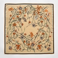 Elegant floral print square silk wool scarf in beige and orange with striped border - Khaki