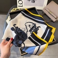 Silk scarf with vintage carriage print in blue and white with yellow borders - 65*65cm / ZC-305-Blue