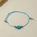 Close-up of light blue braided Evil Eye bracelet with gold beads and adjustable cord - Light Blue Braided Rope (30532-bra-blu-9-EP)