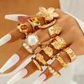 Bohemian gold alloy ring set featuring baroque pearls and colorful gemstone flowers - Bohemian Gemstone 12-Piece Set (31071-ring-G-1-EP)