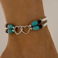 Bohemian double-layer anklet with turquoise beads and interlocking metal hearts - Double Layer Beaded Anklet (30379-ank-whi)