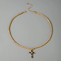 Collana a corda dorata con ciondolo a croce e gemme nere a forma di marquise - Collana a fune con pendente a croce d'oro (30650-nek-G-2)
