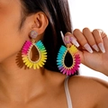 Bohemian leaf-shaped raffia earrings in rainbow colors with handcrafted weave - Multicolor Woven Large Teardrop (27637-colour)