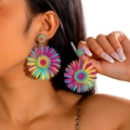 Colorful handmade bohemian raffia sunflower earrings for beach vacation wear - Multicolor Layered Petals (27638-colour)