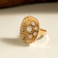 Adjustable golden shell ring with white faux pearls and intricate spiral petal design - Gold - Shell Pearl Style (29458-2-G)