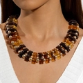 Irregular amber resin and gold bead necklace shown on a model with minimalist style - Amber Resin Block Style (30828-nek-brown-EP)