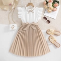Girls white and beige faux two-piece dress with flutter sleeves and waist bow - 130cm (8Y) / Caramel color
