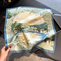 Close-up of lightweight mulberry silk square scarf with traditional landscape print - 53*53cm / Green