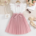 Girls sweet white and pink pleated summer princess dress with large bow and ruffled sleeves - 130cm (8Y) / Pink