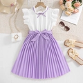 Girls white and purple pleated princess dress with ruffles and bow tie waist details - 130cm (8Y) / Violet