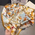 Elegant floral silk square scarf in orange and light blue with soft satin finish - Yellow Edge (ZC-302) / 65x65cm