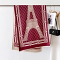 Dettaglio della sciarpa in cashmere con motivo Torre Eiffel e finiture a frange morbide - 66*186cm / Rosso