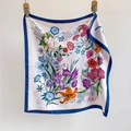 Elegant white square silk scarf with vibrant floral prints and navy blue borders - 70*70cm / White