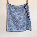 Elegant 70cm square silk scarf with blue paisley print and dark brown contrast borders - Blue