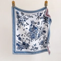 Elegant white floral silk scarf with blue botanical patterns and decorative borders - 70*70cm / Blue