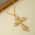 Detailed view of vintage gold hollow cross pendant with elegant white pearl inlays - Large Hollow Pearl Inlaid Cross Necklace (30612-nek-G-3)