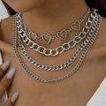 Collar multicapa plateado con eslabones de corazón hueco y cadena cubana gruesa - Estilo en Capas de Corazón Hueco (30673-nek-S)