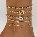 Gold-layered anklet set with cross, evil eye pendant, and OT buckle snake chain - Cross Evil Eye Gold Set (20076-ank-G-1)