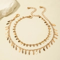 Detail of two-piece gold chain anklet featuring leaf charms and sequin disc decorations - Sequin Leaf Gold Set (30955-ank-G-1-EP)