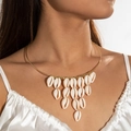 Bohemian choker necklace with golden ring and tiered white natural cowrie shells - Gold Thin Ring Ladder Shell Pendant Choker (29245-G)